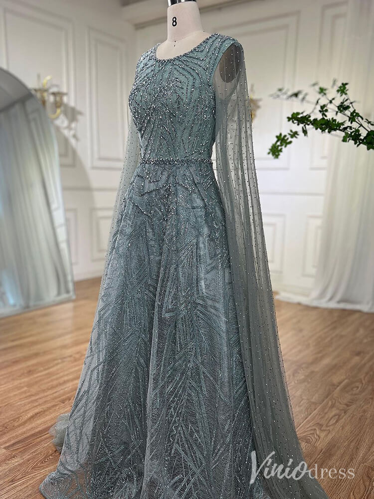 Beaded Lace Cape Sleeve Prom Dresses A - Line Boat Neck Pageant Dress AD1259 - ViniodressEvening DressesGreenUS 2 - Formal Dresses - Ball Gowns