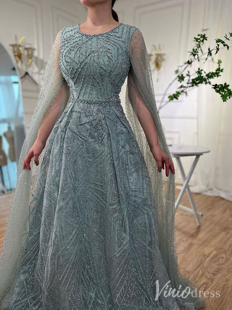 Beaded Lace Cape Sleeve Prom Dresses A - Line Boat Neck Pageant Dress AD1259 - ViniodressEvening DressesGreenUS 2 - Formal Dresses - Ball Gowns