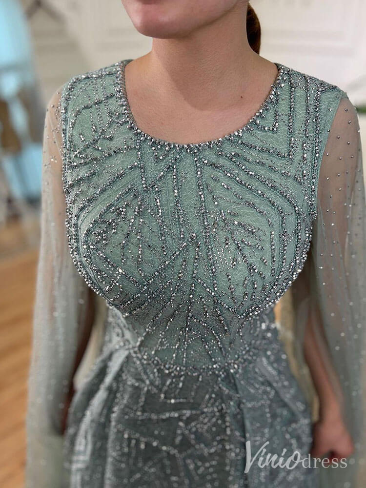 Beaded Lace Cape Sleeve Prom Dresses A - Line Boat Neck Pageant Dress AD1259 - ViniodressEvening DressesGreenUS 2 - Formal Dresses - Ball Gowns