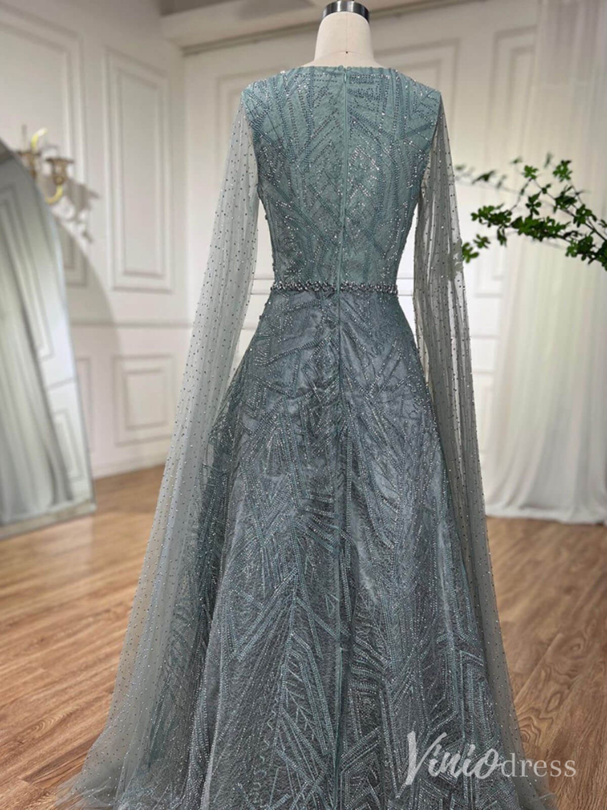 Beaded Lace Cape Sleeve Prom Dresses A - Line Boat Neck Pageant Dress AD1259 - ViniodressEvening DressesGreenUS 2 - Formal Dresses - Ball Gowns