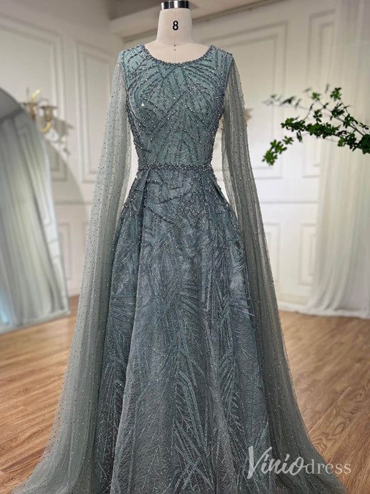 Beaded Lace Cape Sleeve Prom Dresses A - Line Boat Neck Pageant Dress AD1259 - ViniodressEvening DressesGreenUS 2 - Formal Dresses - Ball Gowns