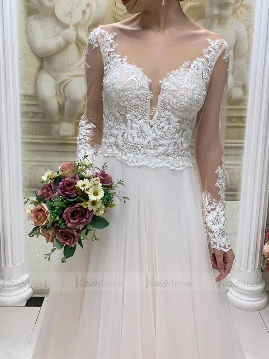 Beaded Lace Champagne Wedding Dresses with Long Sleeves VW1357-wedding dresses-Viniodress-Viniodress