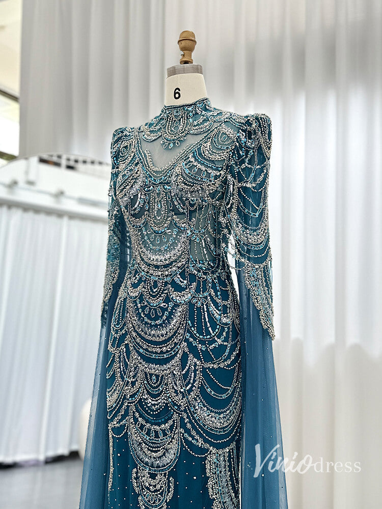 Beaded Lace Evening Dresses Extra Long Sleeve Pageant Dress AD1154-prom dresses-Viniodress-Viniodress