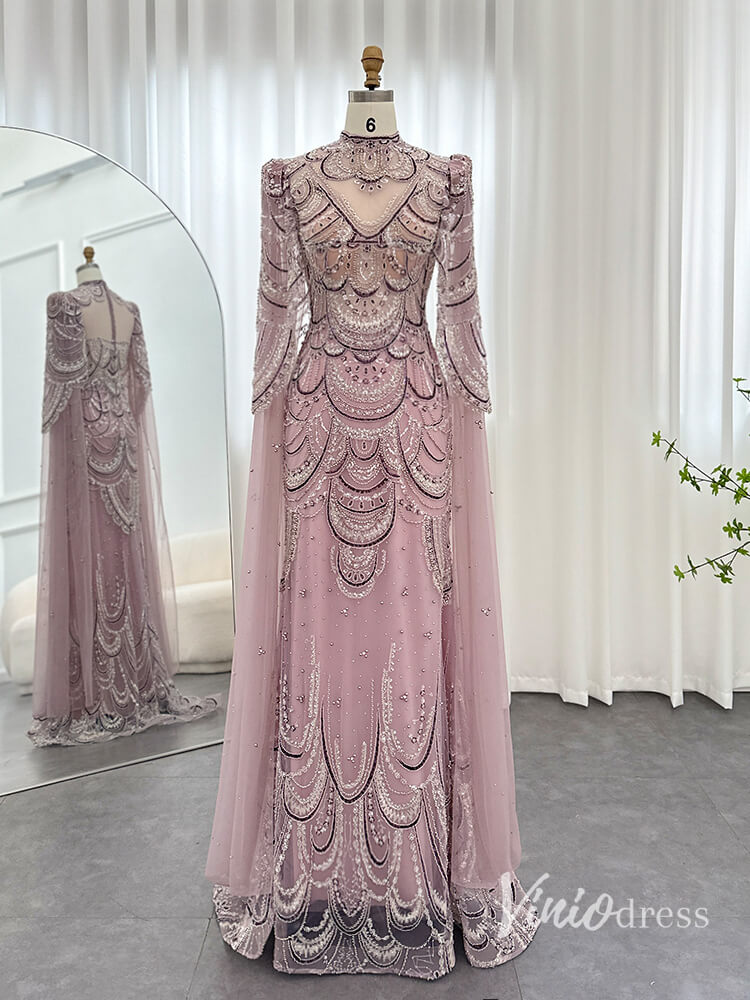 Beaded Lace Evening Dresses Extra Long Sleeve Pageant Dress AD1154-prom dresses-Viniodress-Pink-US 2-Viniodress