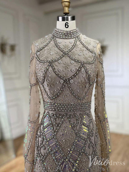 Beaded Lace Long Sleeve Prom Dresses High Neck Pageant Dress 20232-Evening Dresses 2025 -Viniodress-Black-US 2-