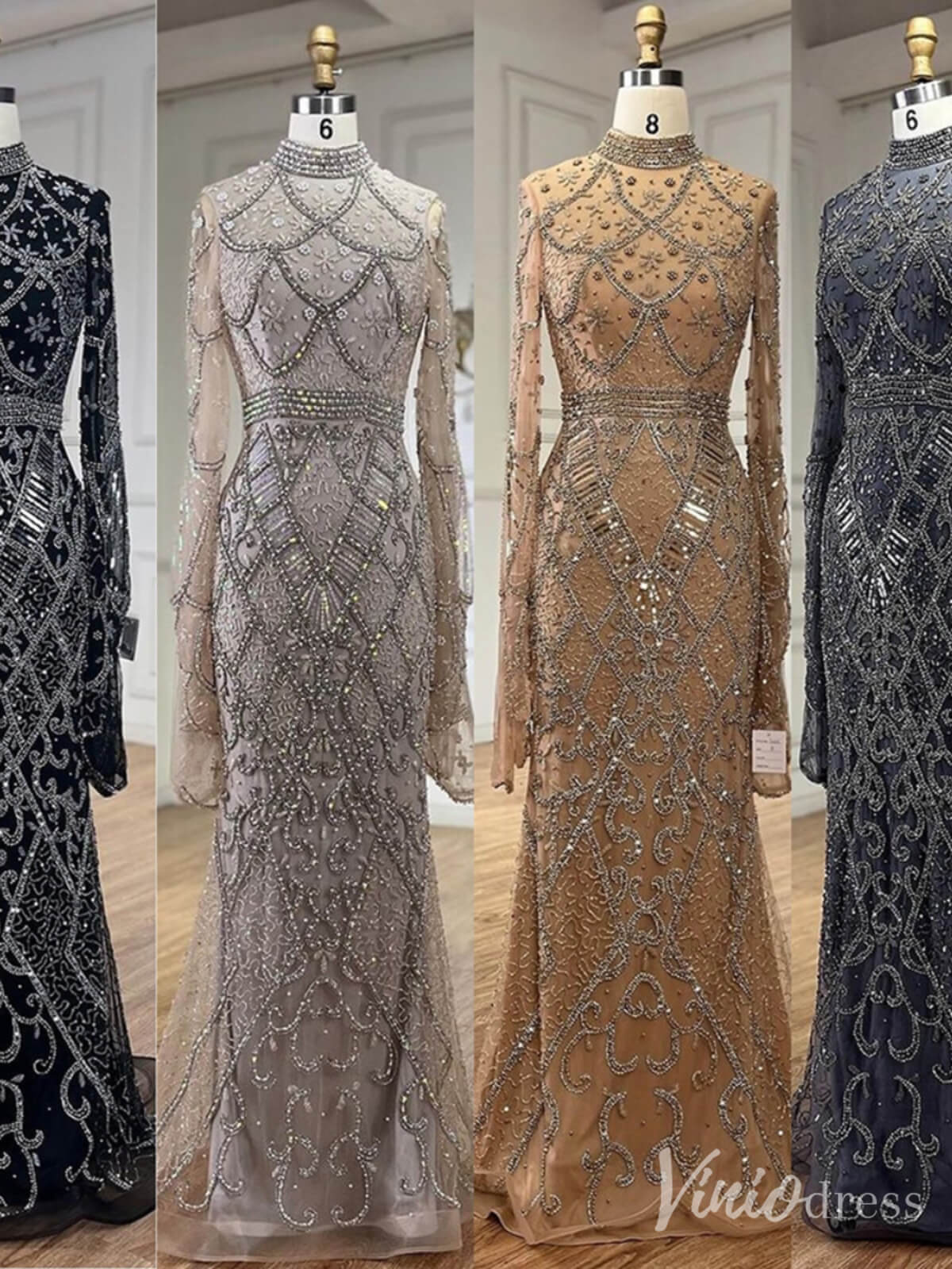 Beaded Lace Long Sleeve Prom Dresses High Neck Pageant Dress 20232-Evening Dresses 2025 -Viniodress-Black-US 2-