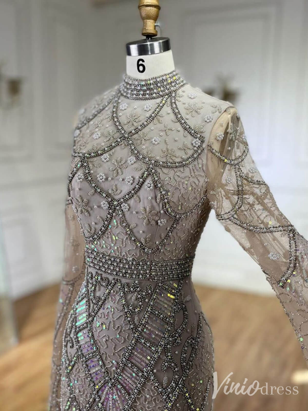 Beaded Lace Long Sleeve Prom Dresses High Neck Pageant Dress 20232-Evening Dresses 2025 -Viniodress-Black-US 2-