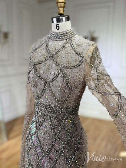 Beaded Lace Long Sleeve Prom Dresses High Neck Pageant Dress 20232-Evening Dresses 2025 -Viniodress-Black-US 2-