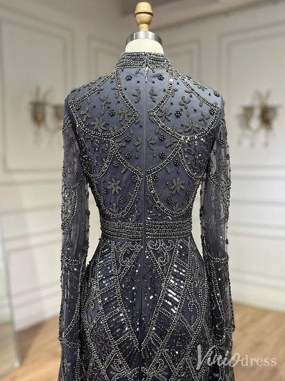 Beaded Lace Long Sleeve Prom Dresses High Neck Pageant Dress 20232-Evening Dresses 2025 -Viniodress-Black-US 2-