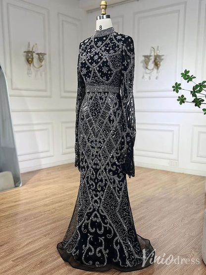 Beaded Lace Long Sleeve Prom Dresses High Neck Pageant Dress 20232-Evening Dresses 2025 -Viniodress-Black-US 2-