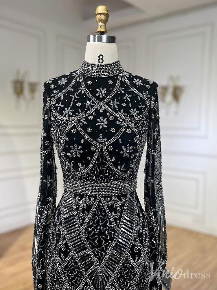 Beaded Lace Long Sleeve Prom Dresses High Neck Pageant Dress 20232-Evening Dresses 2025 -Viniodress-Black-US 2-