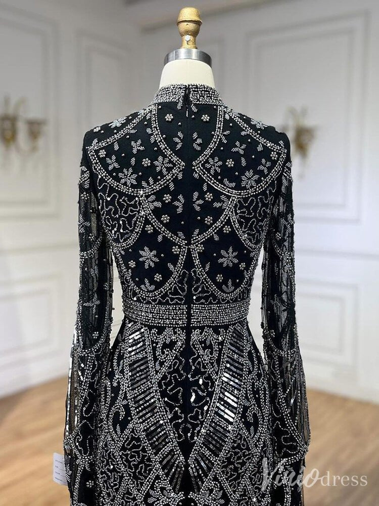 Beaded Lace Long Sleeve Prom Dresses High Neck Pageant Dress 20232-Evening Dresses 2025 -Viniodress-Black-US 2-