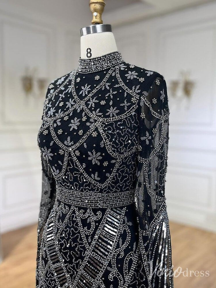 Beaded Lace Long Sleeve Prom Dresses High Neck Pageant Dress 20232-Evening Dresses 2025 -Viniodress-Black-US 2-