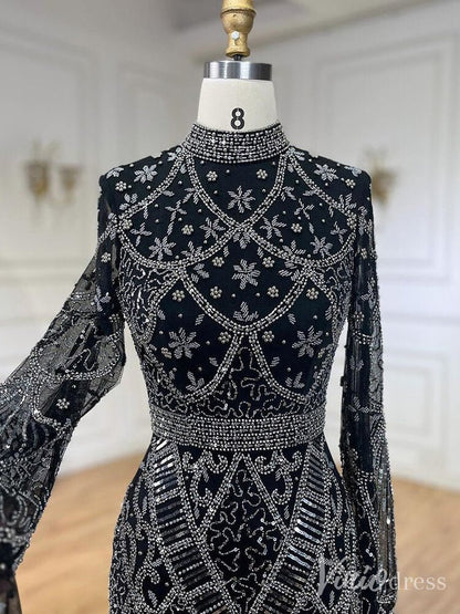 Beaded Lace Long Sleeve Prom Dresses High Neck Pageant Dress 20232-Evening Dresses 2025 -Viniodress-Black-US 2-