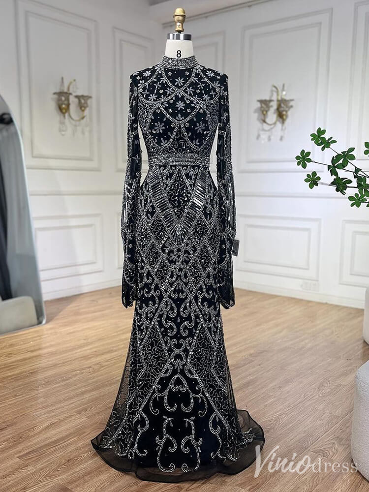 Beaded Lace Long Sleeve Prom Dresses High Neck Pageant Dress 20232-Evening Dresses 2025 -Viniodress-Black-US 2-