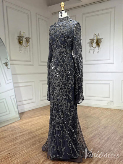 Beaded Lace Long Sleeve Prom Dresses High Neck Pageant Dress 20232-Evening Dresses 2025 -Viniodress-Grey-US 2-