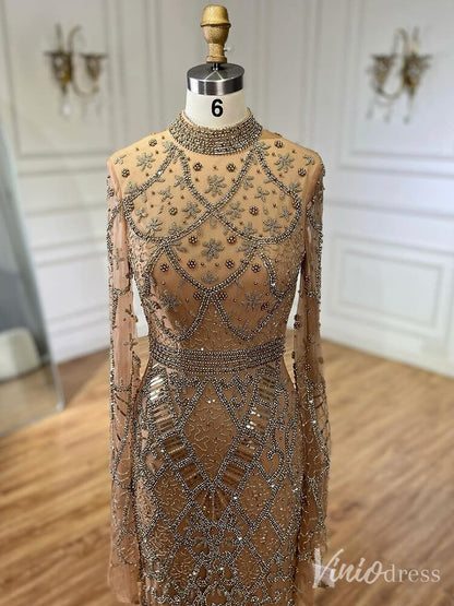 Beaded Lace Long Sleeve Prom Dresses High Neck Pageant Dress 20232-Evening Dresses 2025 -Viniodress-Black-US 2-