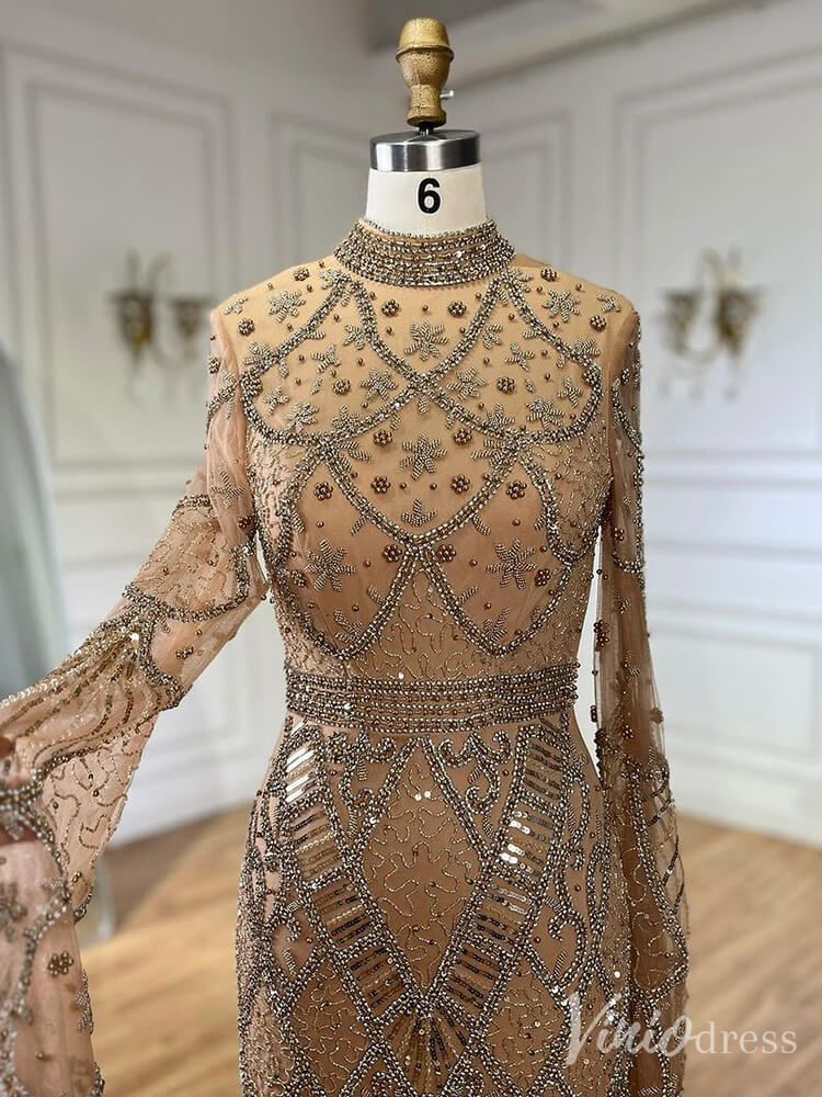 Beaded Lace Long Sleeve Prom Dresses High Neck Pageant Dress 20232-Evening Dresses 2025 -Viniodress-Black-US 2-