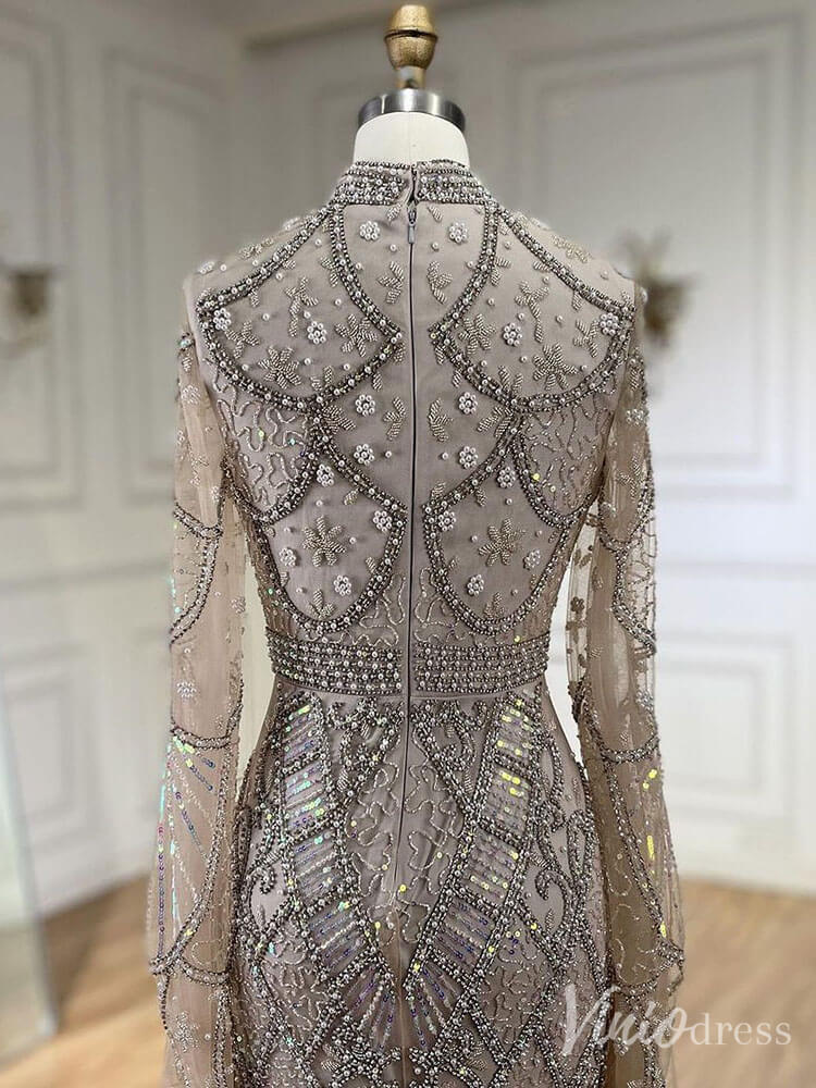 Beaded Lace Long Sleeve Prom Dresses High Neck Pageant Dress 20232-Evening Dresses 2025 -Viniodress-Black-US 2-