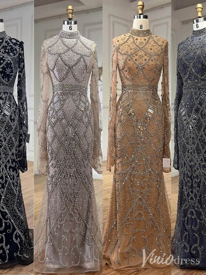 Beaded Lace Long Sleeve Prom Dresses High Neck Pageant Dress 20232-Evening Dresses 2025 -Viniodress-Black-US 2-