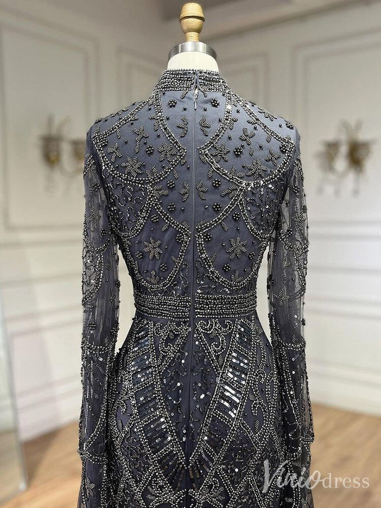 Beaded Lace Long Sleeve Prom Dresses High Neck Pageant Dress 20232-Evening Dresses 2025 -Viniodress-Black-US 2-