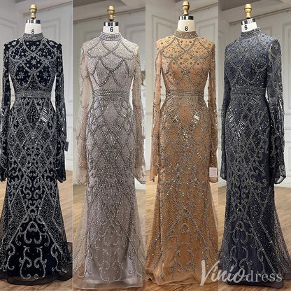 Beaded Lace Long Sleeve Prom Dresses High Neck Pageant Dress 20232-Evening Dresses 2025 -Viniodress-Black-US 2-