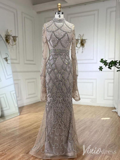 Beaded Lace Long Sleeve Prom Dresses High Neck Pageant Dress 20232-Evening Dresses 2025 -Viniodress-Khaki-US 2-