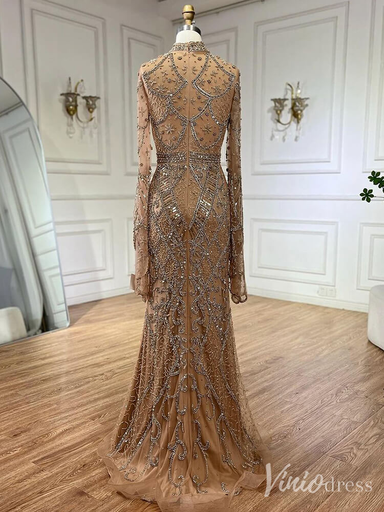 Beaded Lace Long Sleeve Prom Dresses High Neck Pageant Dress 20232 - ViniodressEvening DressesGoldUS 2 - Formal Dresses - Ball Gowns