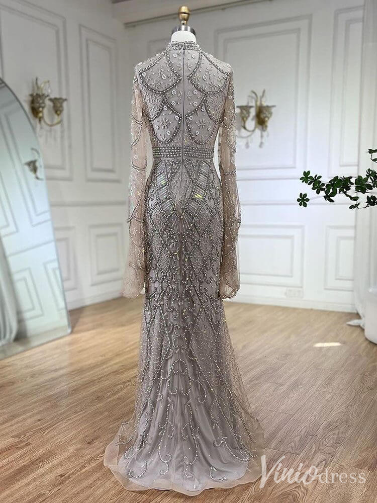 Beaded Lace Long Sleeve Prom Dresses High Neck Pageant Dress 20232 - ViniodressEvening DressesKhakiUS 2 - Formal Dresses - Ball Gowns