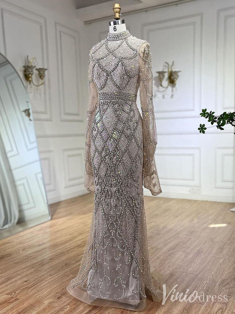 Beaded Lace Long Sleeve Prom Dresses High Neck Pageant Dress 20232 - ViniodressEvening DressesKhakiUS 2 - Formal Dresses - Ball Gowns