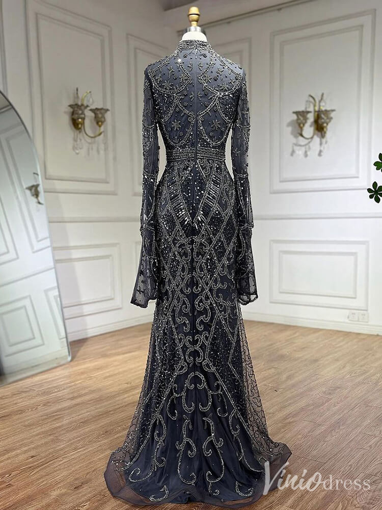 Beaded Lace Long Sleeve Prom Dresses High Neck Pageant Dress 20232 - ViniodressEvening DressesGreyUS 2 - Formal Dresses - Ball Gowns