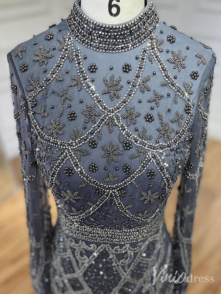 Beaded Lace Long Sleeve Prom Dresses High Neck Pageant Dress 20232 - ViniodressEvening DressesGreyUS 2 - Formal Dresses - Ball Gowns