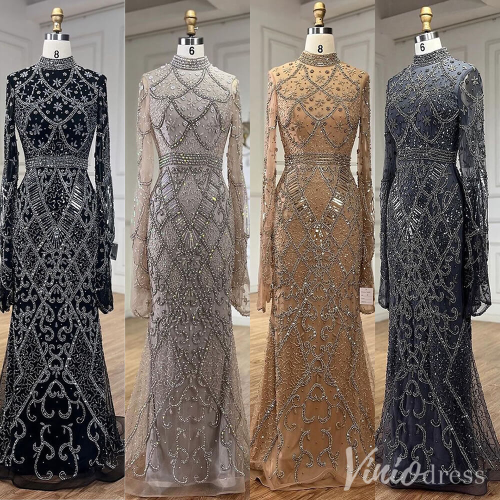 Beaded Lace Long Sleeve Prom Dresses High Neck Pageant Dress 20232 - ViniodressEvening DressesBlackUS 2 - Formal Dresses - Ball Gowns