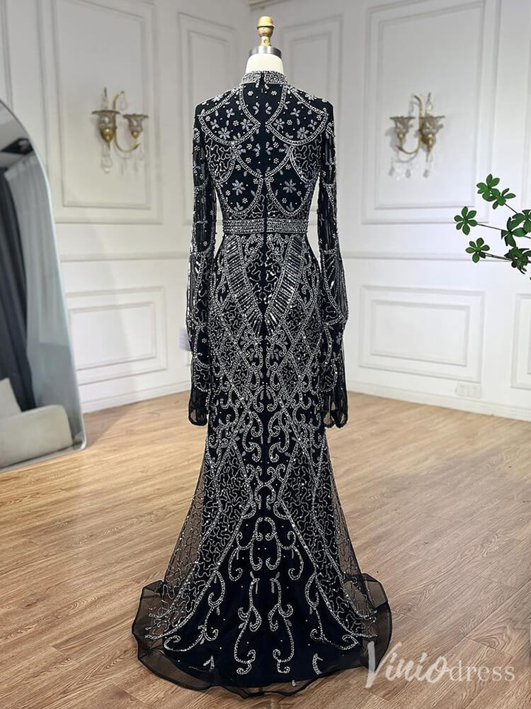 Beaded Lace Long Sleeve Prom Dresses High Neck Pageant Dress 20232 - ViniodressEvening DressesBlackUS 2 - Formal Dresses - Ball Gowns