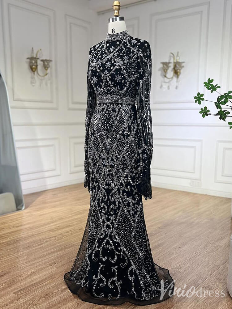 Beaded Lace Long Sleeve Prom Dresses High Neck Pageant Dress 20232 - ViniodressEvening DressesBlackUS 2 - Formal Dresses - Ball Gowns