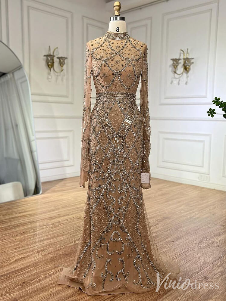 Beaded Lace Long Sleeve Prom Dresses High Neck Pageant Dress 20232 - ViniodressEvening DressesGoldUS 2 - Formal Dresses - Ball Gowns