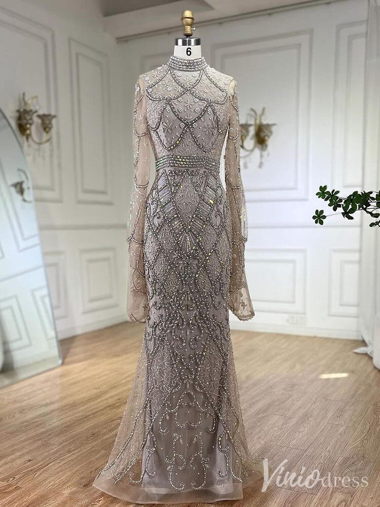 Beaded Lace Long Sleeve Prom Dresses High Neck Pageant Dress 20232 - ViniodressEvening DressesKhakiUS 2 - Formal Dresses - Ball Gowns