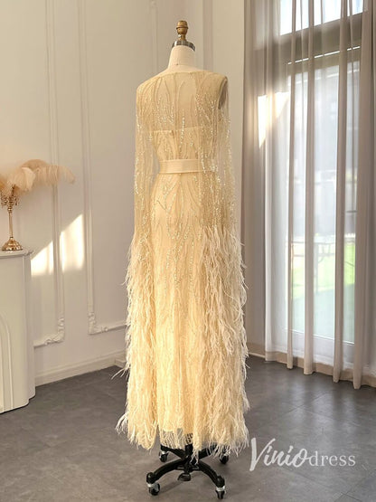 Beaded Lace Mermaid Evening Dresses Extra Long Sleeve Mother of the Bride Dress AD1158-Evening Dresses 2025 -Viniodress-Champagne-US 2-