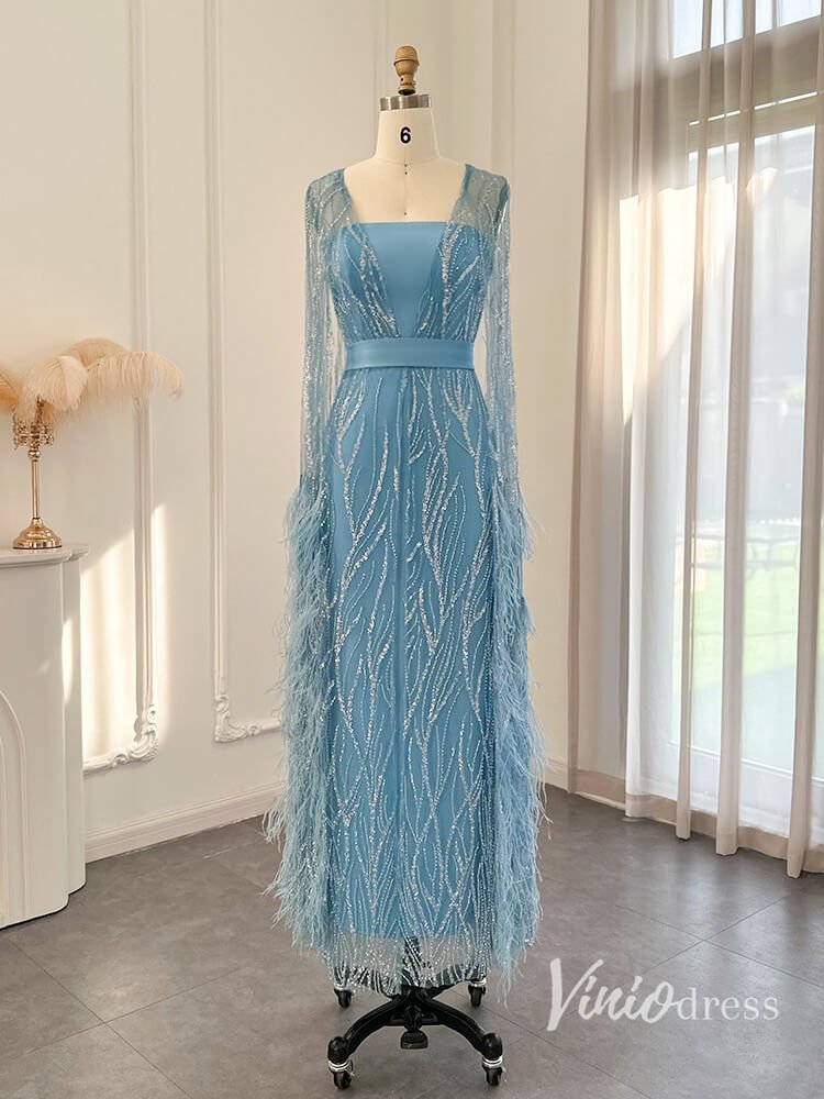 Beaded Lace Mermaid Evening Dresses Extra Long Sleeve Mother of the Bride Dress AD1158-Evening Dresses 2025 -Viniodress-Light Blue-US 2-
