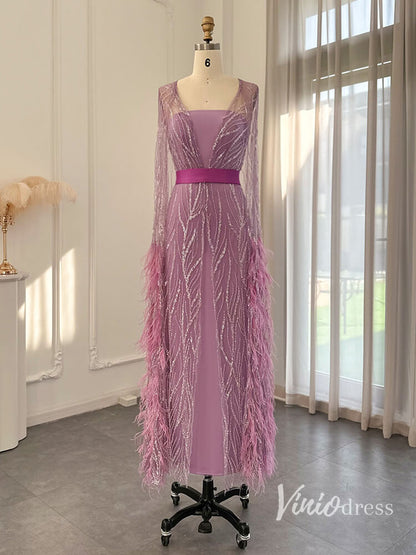 Beaded Lace Mermaid Evening Dresses Extra Long Sleeve Mother of the Bride Dress AD1158-Evening Dresses 2025 -Viniodress-Pink-US 2-