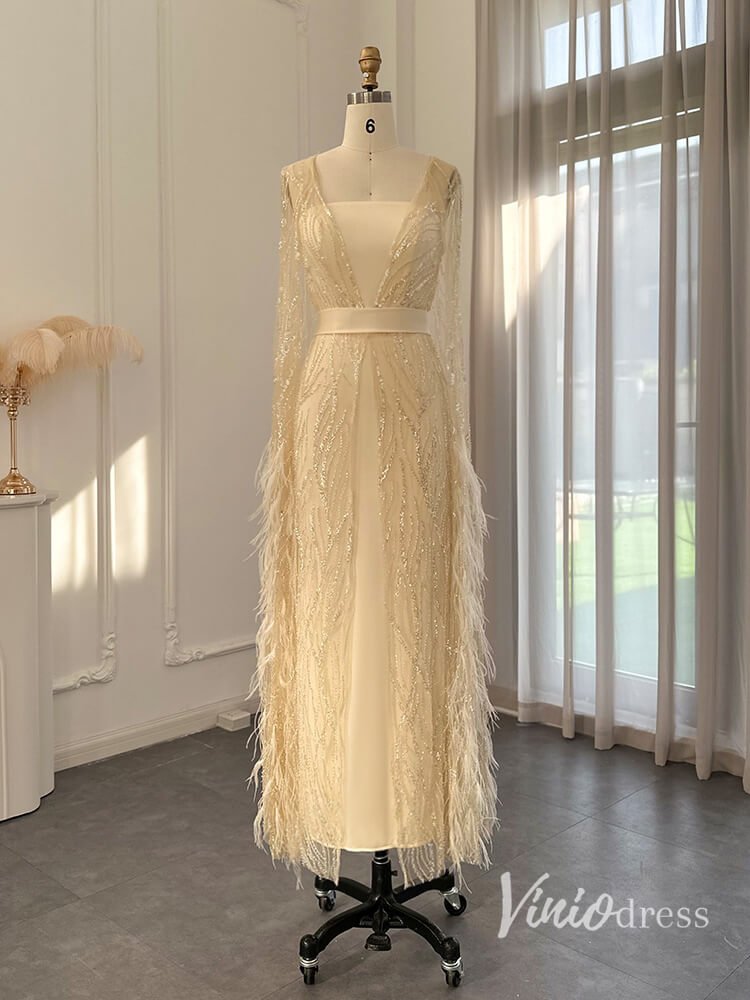 Beaded Lace Mermaid Evening Dresses Extra Long Sleeve Mother of the Bride Dress AD1158-Evening Dresses 2025 -Viniodress-Champagne-US 2-