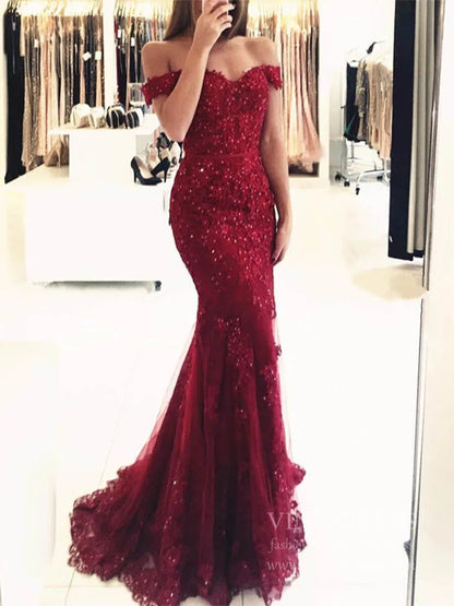Beaded Lace Mermaid Long Prom Dresses Off the Shoulder Formal Dress FD1698-prom dresses 2025 -Viniodress-Burgundy-Custom Size-
