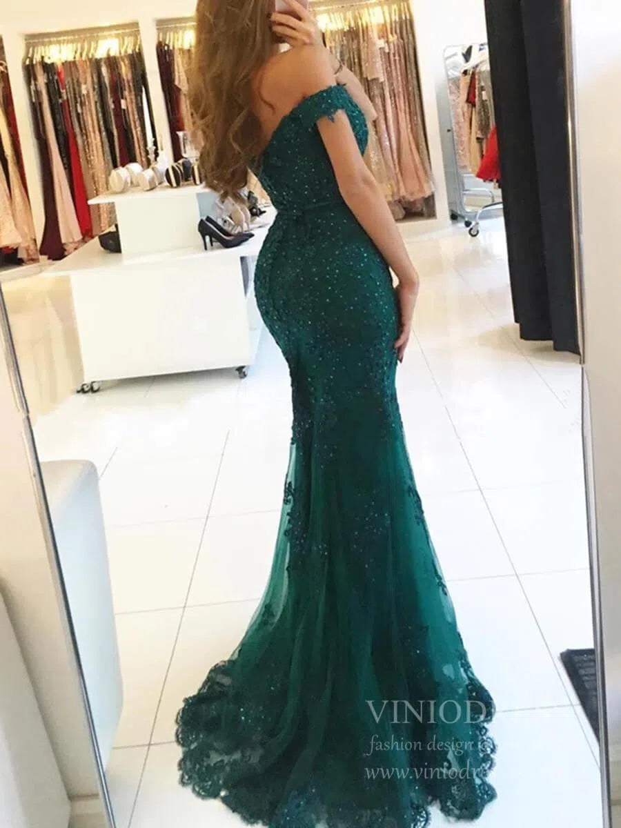 Beaded Lace Mermaid Long Prom Dresses Off the Shoulder Formal Dress FD1698-prom dresses 2025 -Viniodress-Emerald Green-Custom Size-
