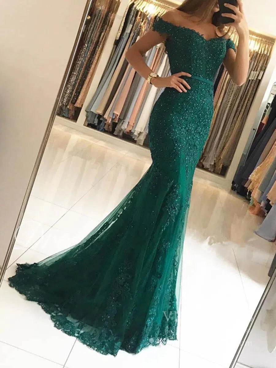Beaded Lace Mermaid Long Prom Dresses Off the Shoulder Formal Dress FD1698-prom dresses 2025 -Viniodress-Emerald Green-Custom Size-