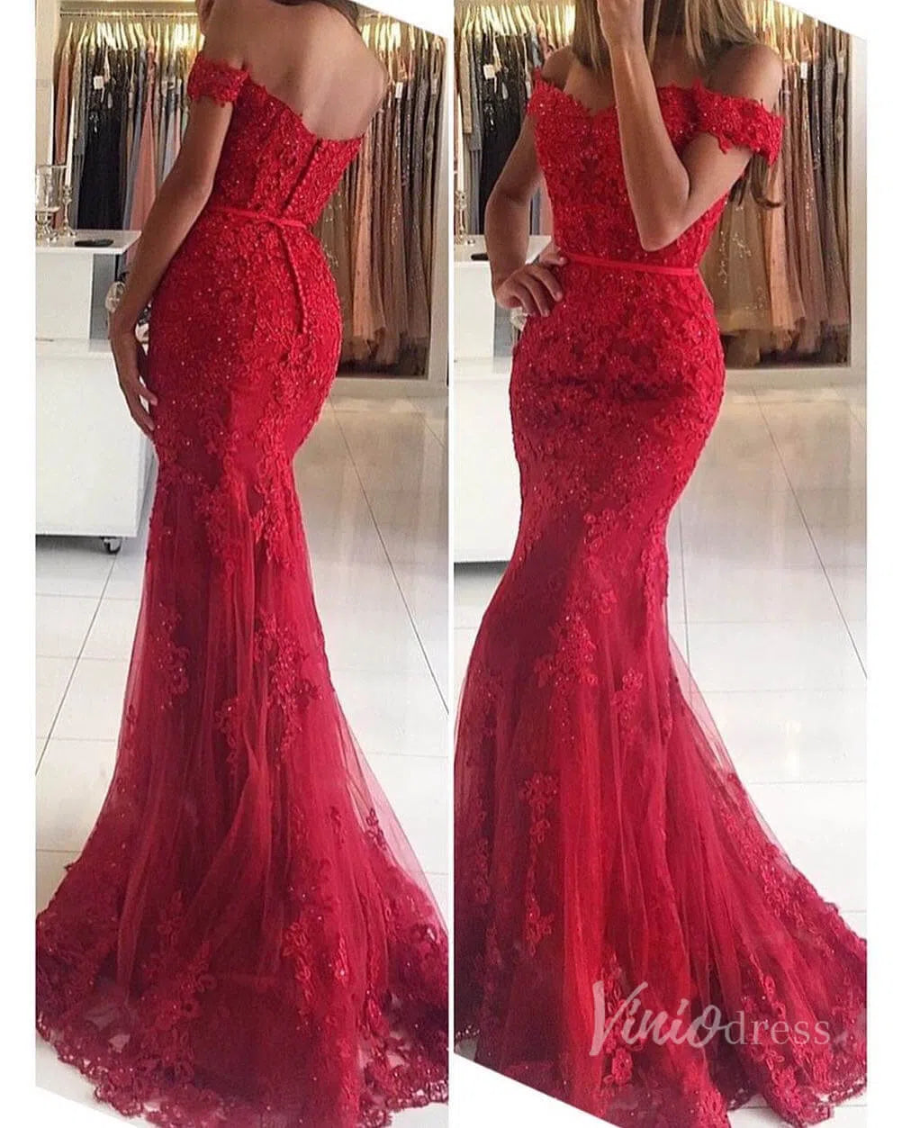 Beaded Lace Mermaid Long Prom Dresses Off the Shoulder Formal Dress FD1698-prom dresses 2025 -Viniodress-Red-Custom Size-