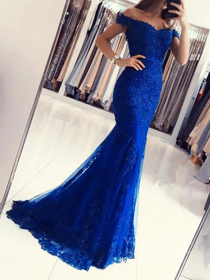 Beaded Lace Mermaid Long Prom Dresses Off the Shoulder Formal Dress FD1698-prom dresses 2025 -Viniodress-Royal Blue-Custom Size-