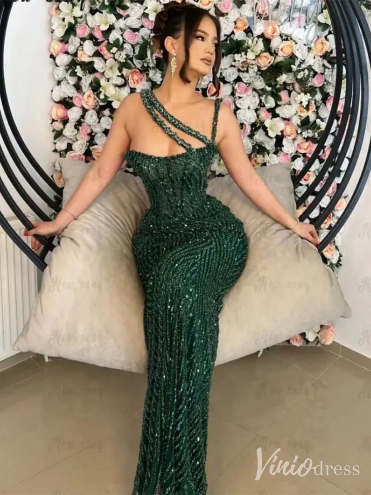 Beaded Lace Mermaid Prom Dresses Spaghetti Strap 20s Pageant Dress 20230-Evening Dresses 2025 -Viniodress-Green-US 2-