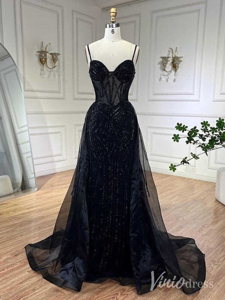 Beaded Lace Mermaid Prom Dresses with Overskirt Spaghetti Strap Pageant Dress AD1232-Evening Dresses 2025 -Viniodress-Black-US 2-