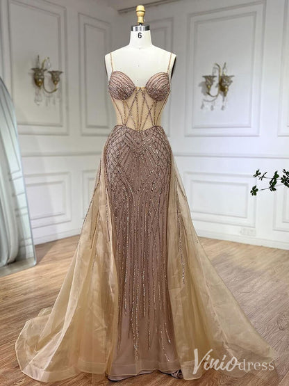 Beaded Lace Mermaid Prom Dresses with Overskirt Spaghetti Strap Pageant Dress AD1232-Evening Dresses 2025 -Viniodress-Champagne-US 2-
