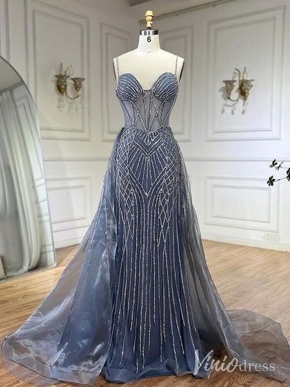 Beaded Lace Mermaid Prom Dresses with Overskirt Spaghetti Strap Pageant Dress AD1232-Evening Dresses 2025 -Viniodress-Dusty Blue-US 2-